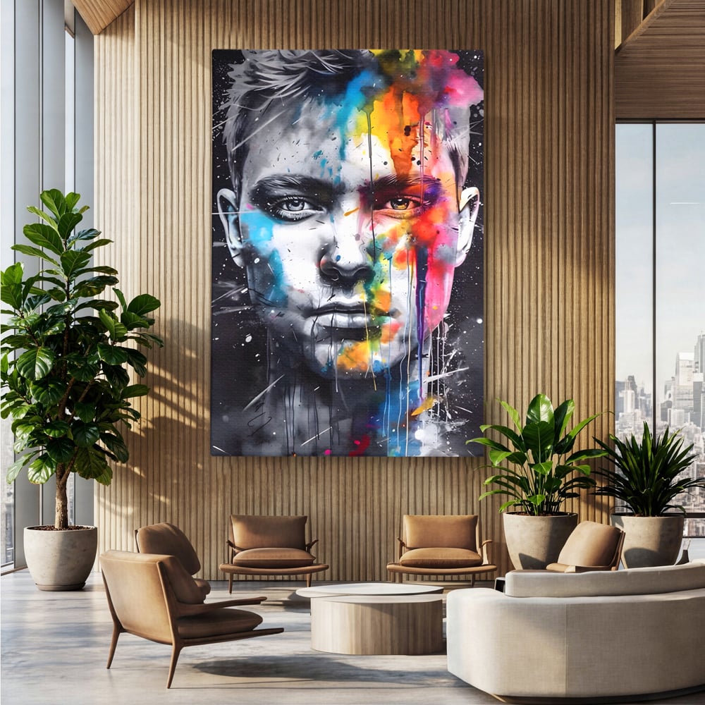 Tablou canvas cu tablou canvas portret barbat cu pete de culoare, fara rama, pe sasiu de lemn, pe perete intr-un birou